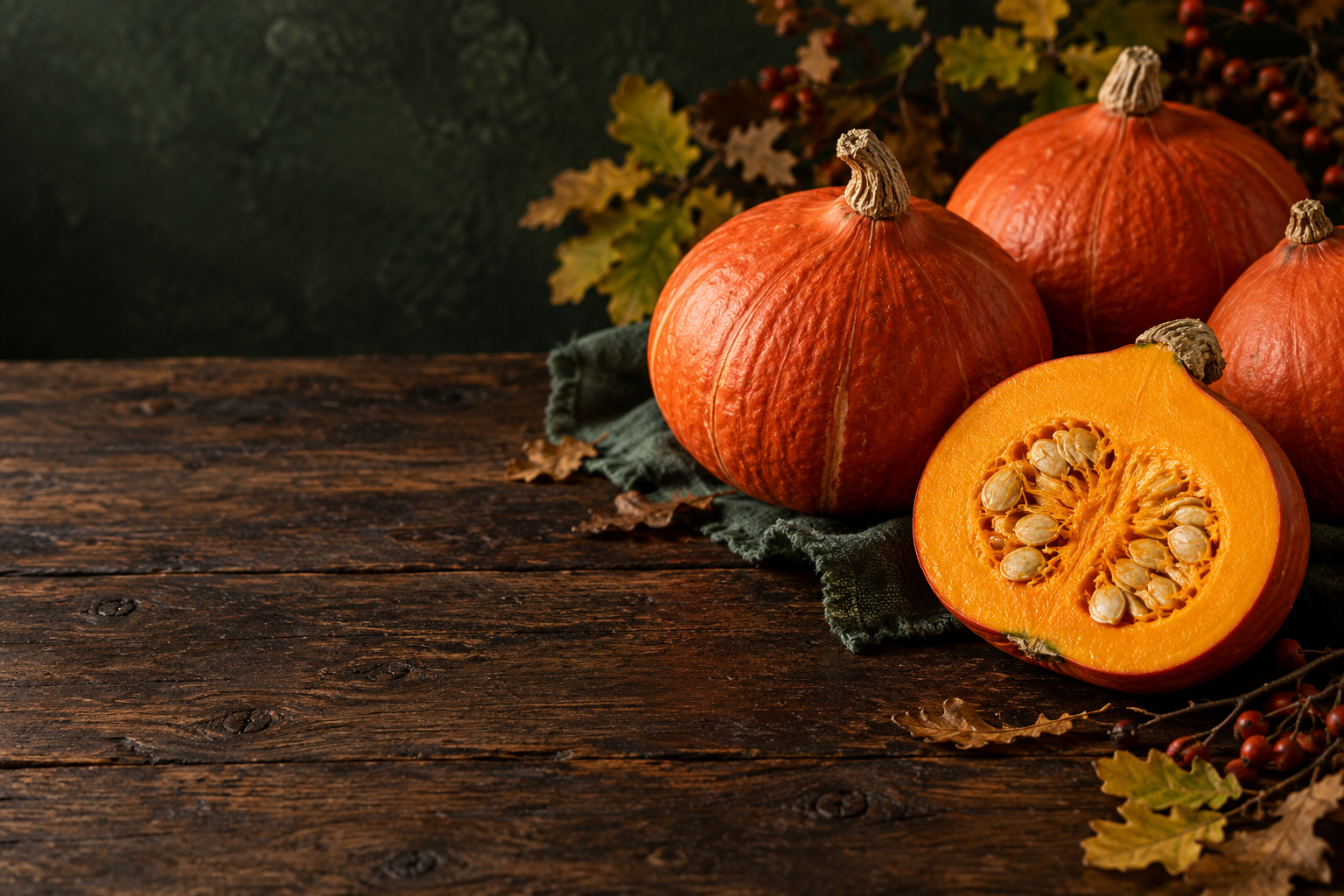 Herbstliche Kürbisse auf einem rustikalen Holztisch